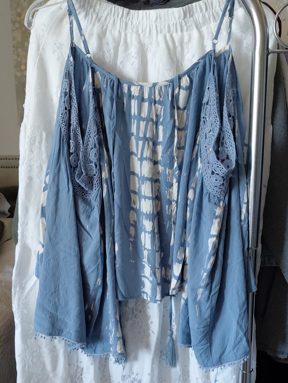 Lulu's Blue Tie-Dye Off-Shoulder Blouse with Crochet Trim